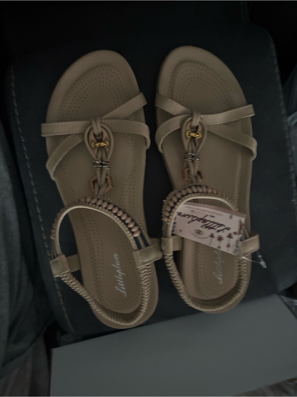 Women's Beige Braided T-Strap Sandals with Decorative Accent